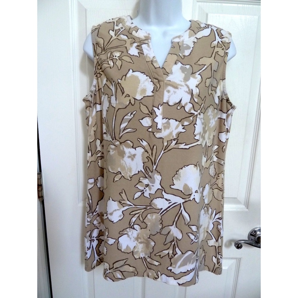 Denim & Co Women M Beige White Floral V-Neck Sleeveless Hi-Lo Tunic Top